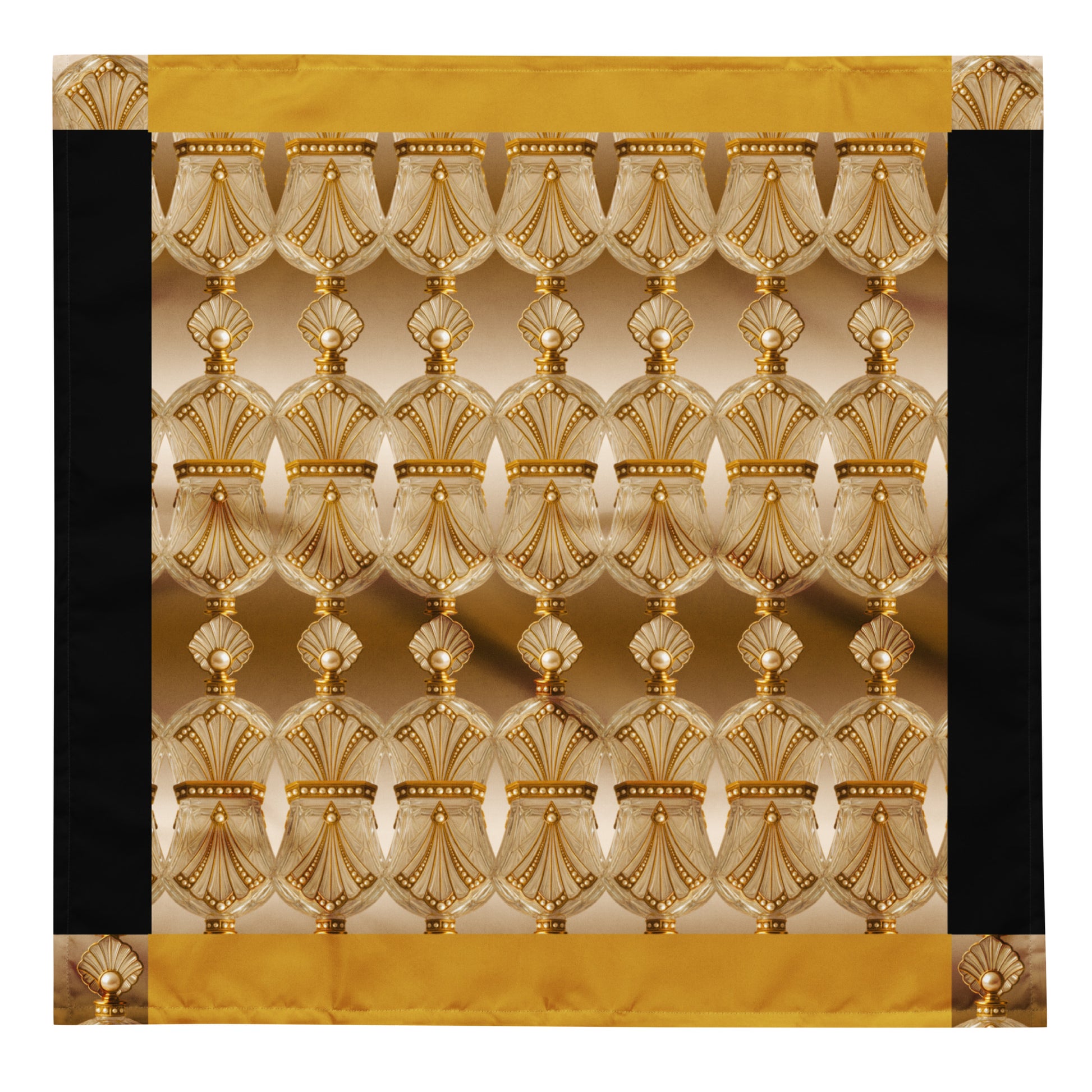 Large square bandana featuring a repeated gold antique perfume bottle pattern with pearl embellishments, mustard yellow and black border accents, on a white background.