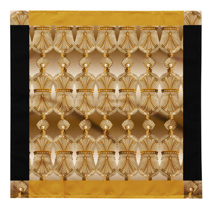 Large square bandana featuring a repeated gold antique perfume bottle pattern with pearl embellishments, mustard yellow and black border accents, on a white background.
