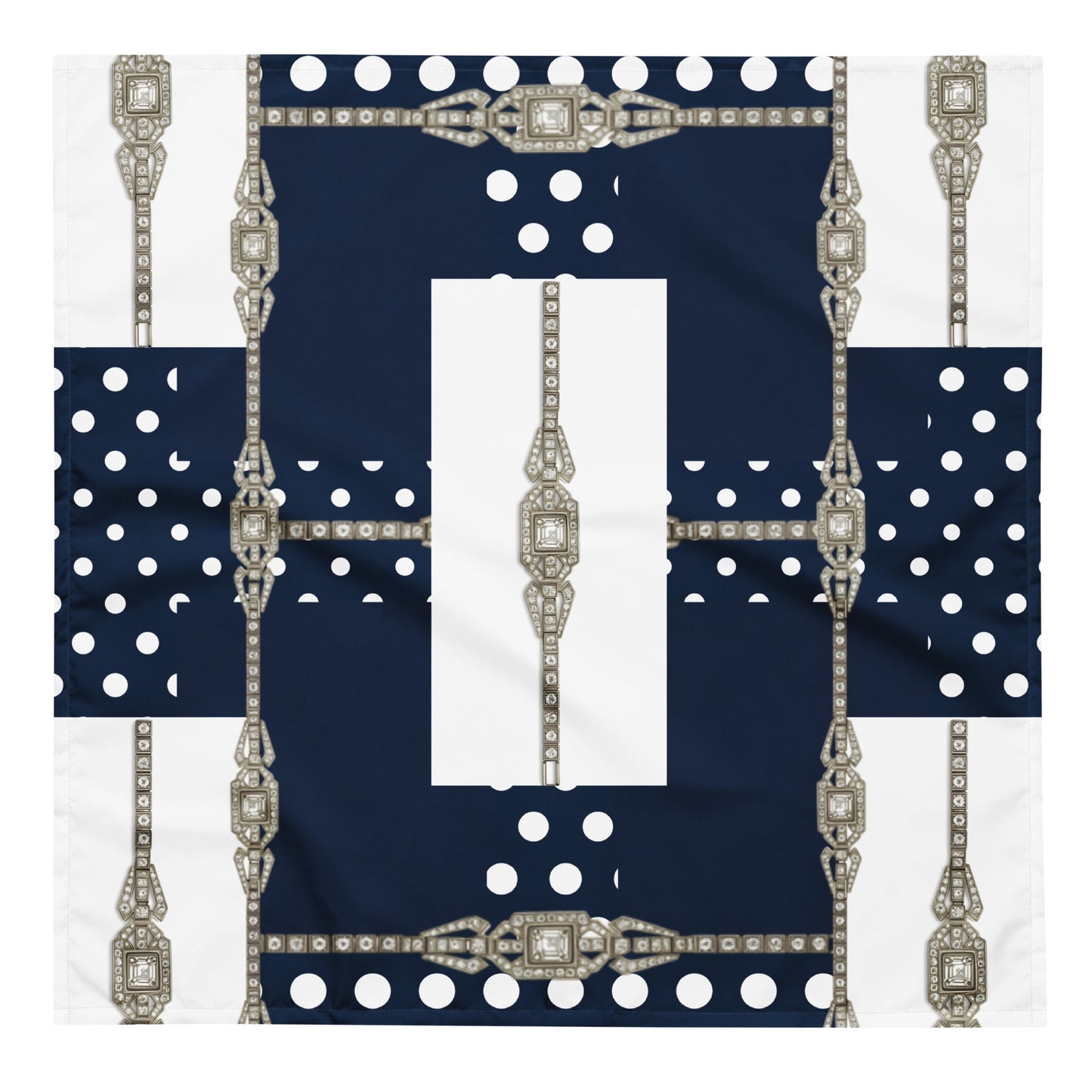 Navy blue L size square bandana featuring white polka dots and decorative silver jewel lattice patterns on a white background