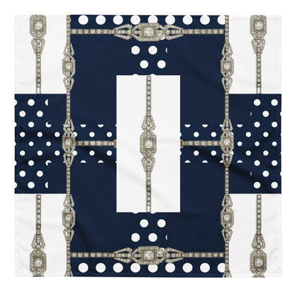 Navy blue L size square bandana featuring white polka dots and decorative silver jewel lattice patterns on a white background