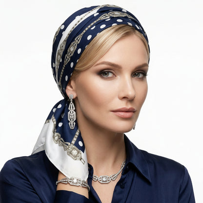 A square scarf featuring a vintage Art Deco jewelry-inspired pattern in navy blue, white, and silver. The design includes geometric borders, polka dot details, and ornate diamond motifs.