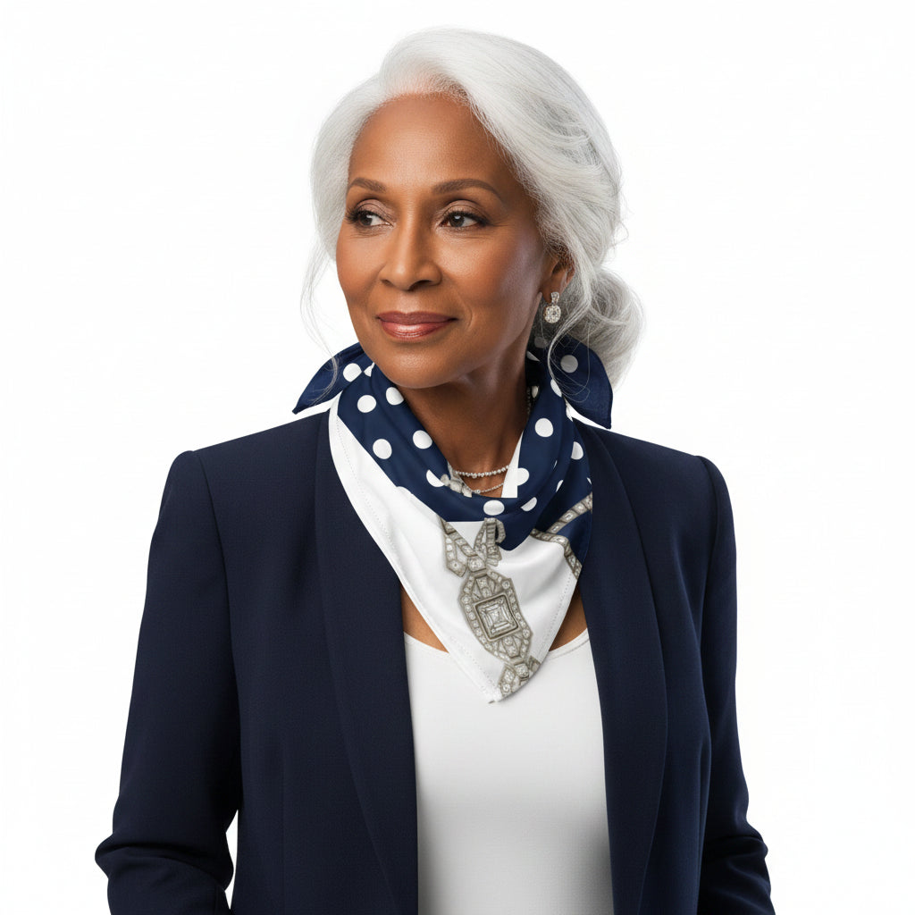 Woman wearing a white top and navy suit jacket, accessorised with a navy and white polka dot scarf, against a white background.