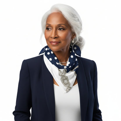 Woman wearing a white top and navy suit jacket, accessorised with a navy and white polka dot scarf, against a white background.