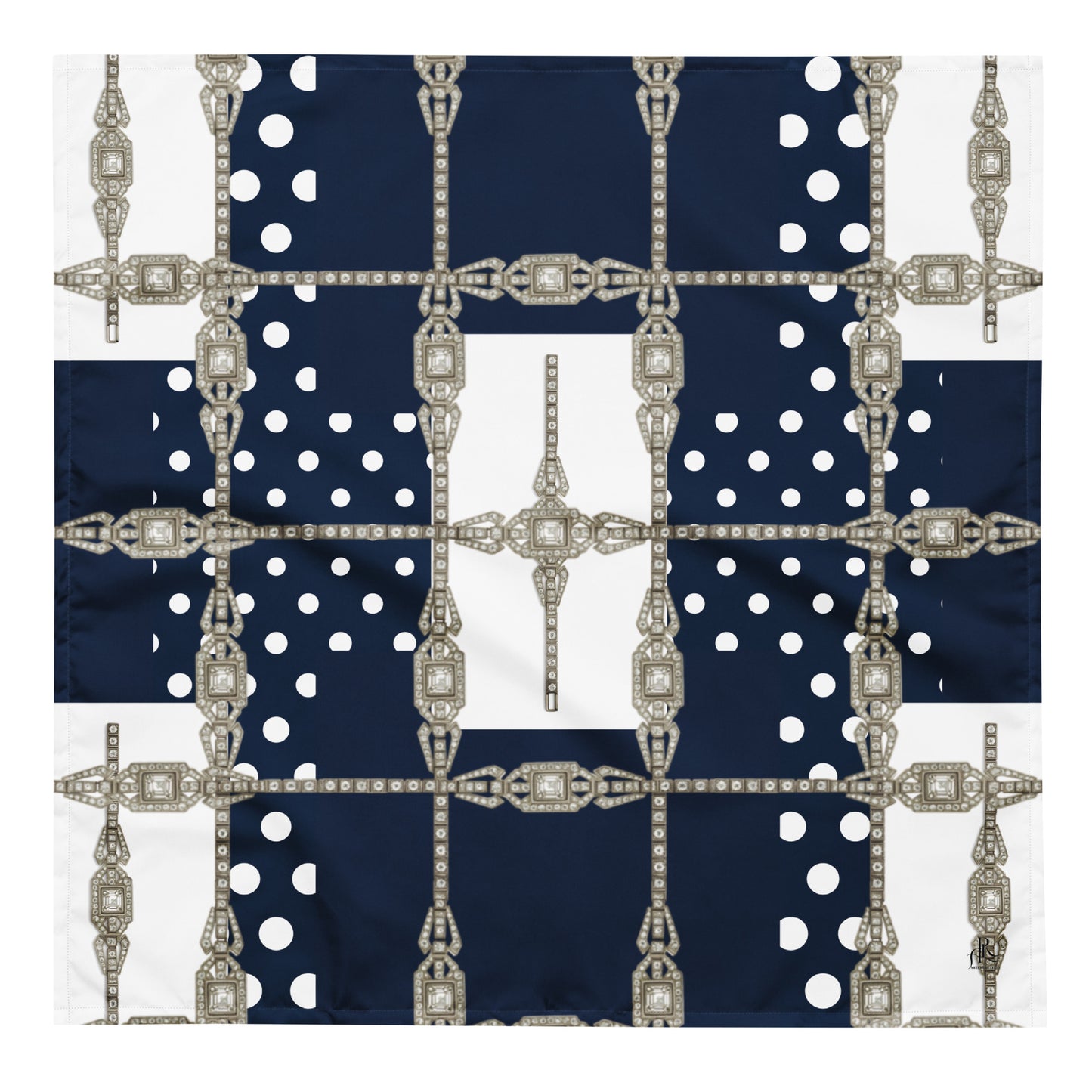 Flat front view of navy blue, L size square bandana with white polka dots and silver Art Deco jewel grid motif in lattice pattern print.
