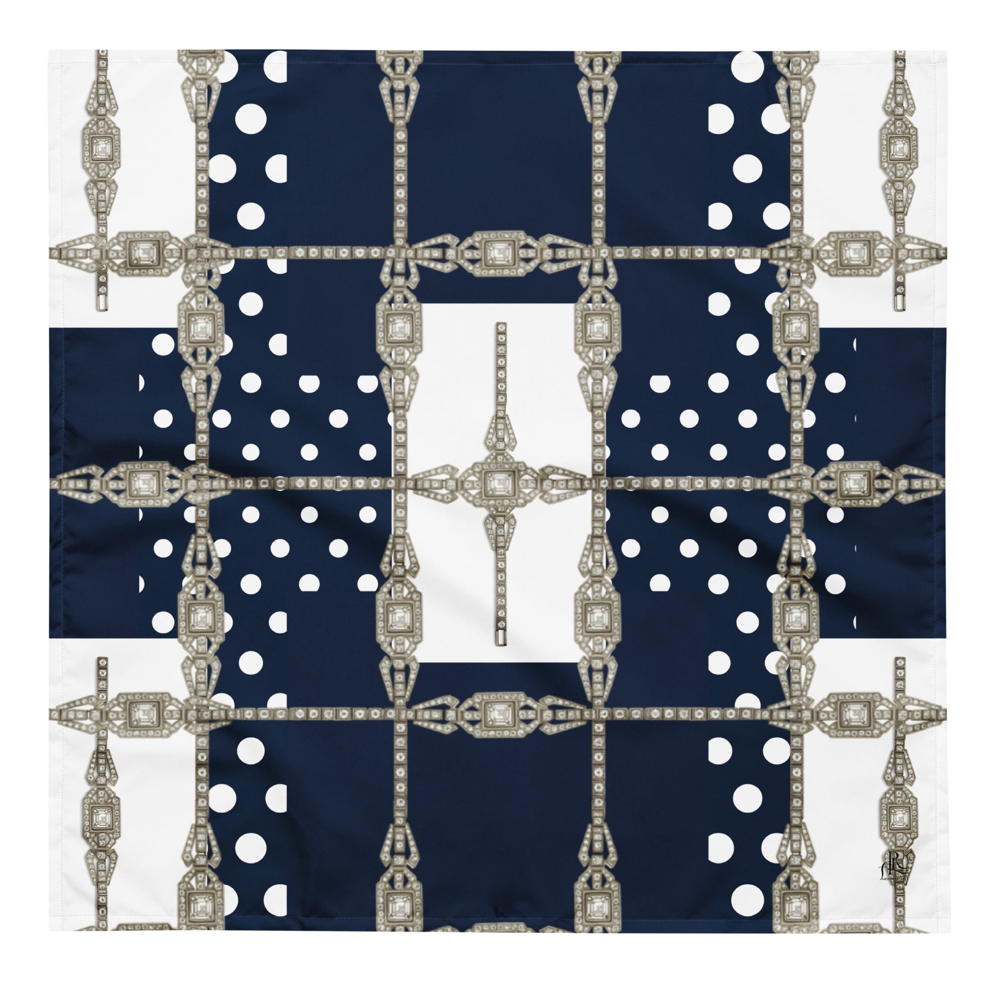 Flat front view of navy blue, L size square bandana with white polka dots and silver Art Deco jewel grid motif in lattice pattern print.