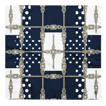 Flat front view of navy blue, L size square bandana with white polka dots and silver Art Deco jewel grid motif in lattice pattern print.