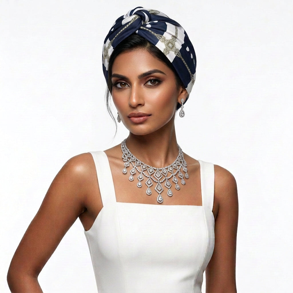 Decorative luxury bandana with geometric pattern and vintage rhinestone  on a white background