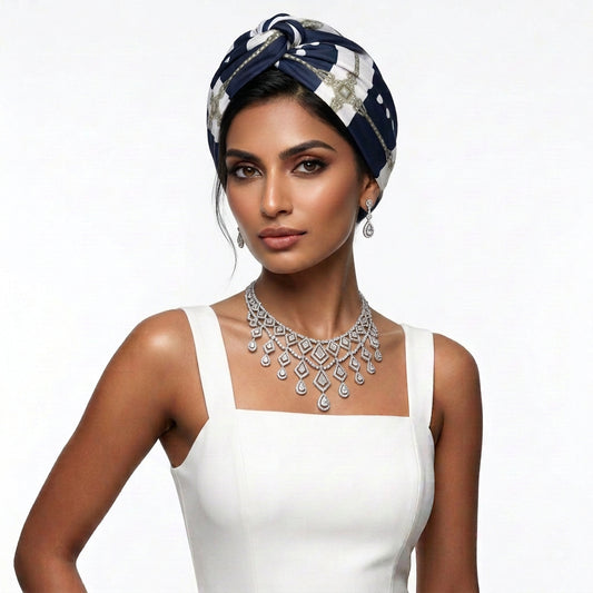Decorative luxury bandana with geometric pattern and vintage rhinestone  on a white background