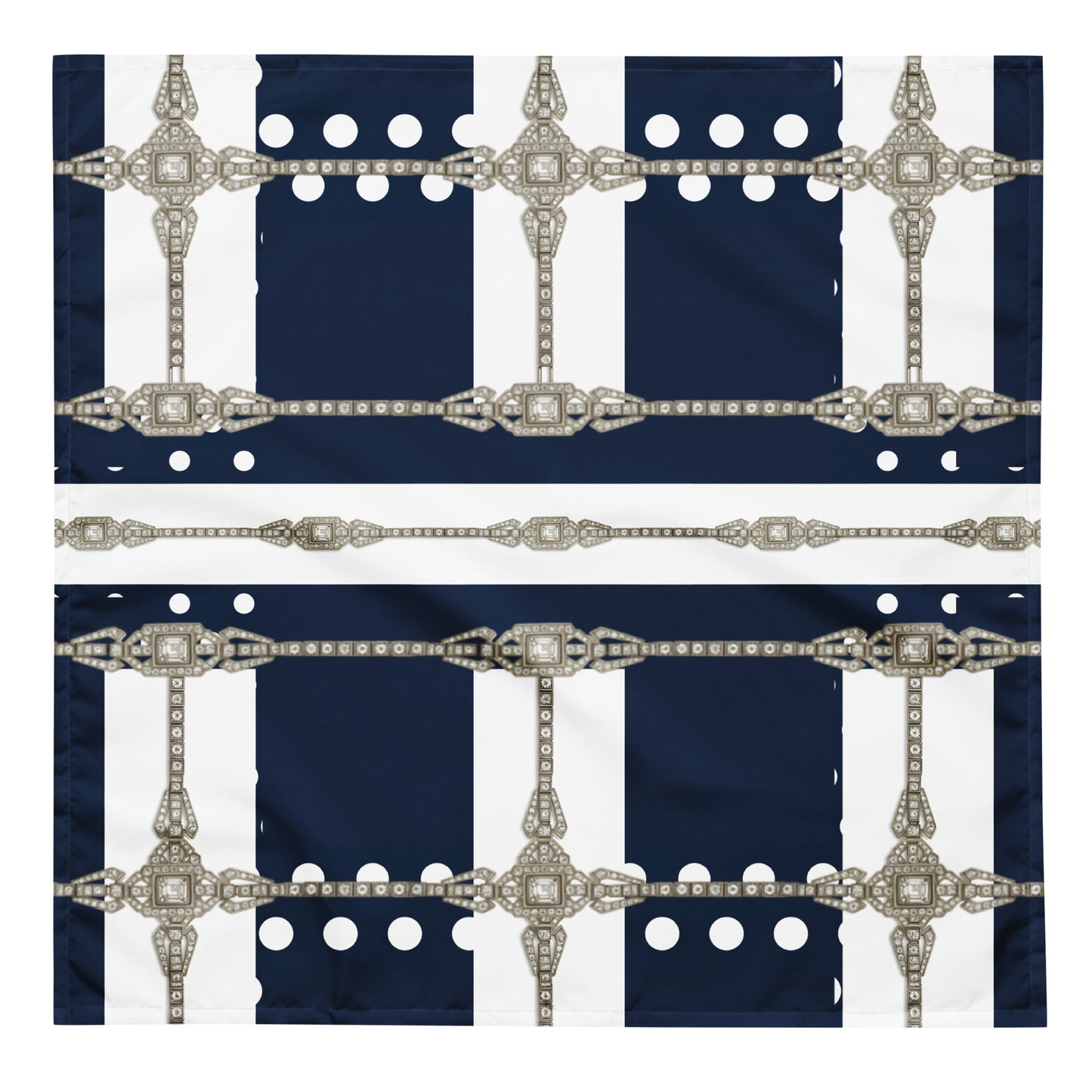 Front flat view of a L size square bandana with navy blue and white stripes, white polka dot and  antique silver jewel designs on a white background