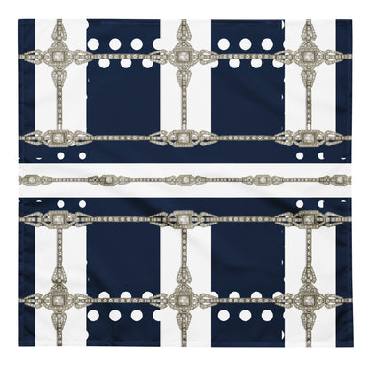 Front flat view of a L size square bandana with navy blue and white stripes, white polka dot and  antique silver jewel designs on a white background