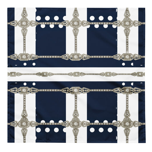 Flat navy bandana with white polka dots and gold chain lattice borders