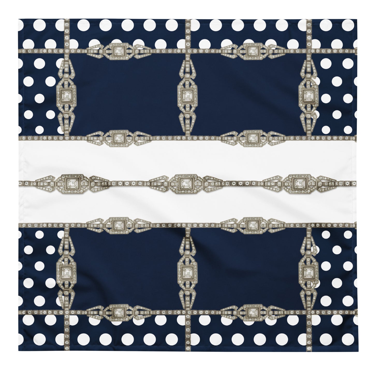 Square bandana with white polka dots and decorative antique jewel elements on a navy blue and white background
