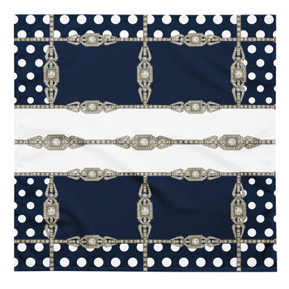 Square bandana with white polka dots and decorative antique jewel elements on a navy blue and white background