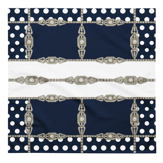 Square bandana with white polka dots and decorative antique jewel elements on a navy blue and white background