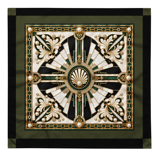 A square silk scarf featuring an ornate Art Deco style pattern with a central shell motif, surrounded by geometric sunburst rays and decorative flourishes. The color palette is dominated by olive green, black, cream, and gold, with pearl-like accents.