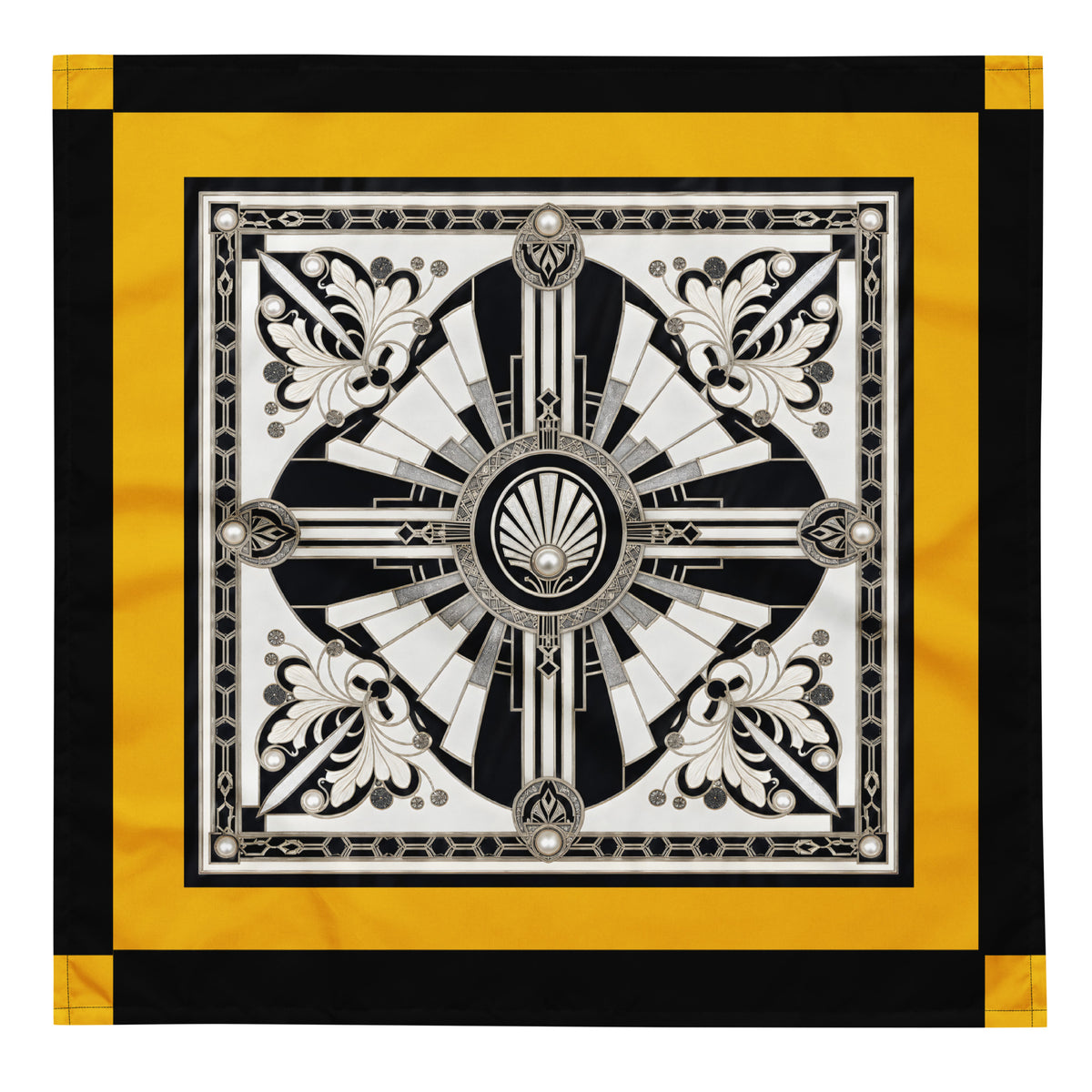 A square silk scarf featuring a bold Art Deco design with a central black and white geometric shell motif, surrounded by a wide yellow border and a black outer border with yellow corners.