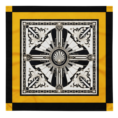 A square silk scarf featuring a bold Art Deco design with a central black and white geometric shell motif, surrounded by a wide yellow border and a black outer border with yellow corners.