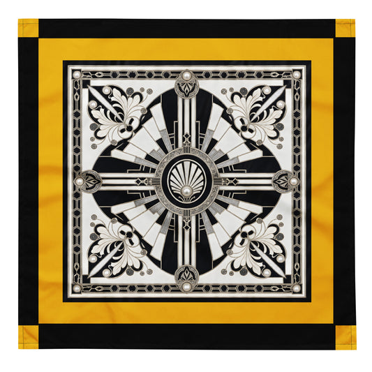 A square silk scarf featuring a bold Art Deco design with a central black and white geometric shell motif, surrounded by a wide yellow border and a black outer border with yellow corners.
