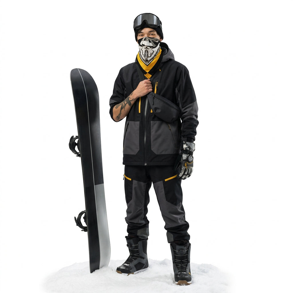 A model wearing a black and white graphic bandana neck gaiter with a yellow accent stripe, styled over a black t-shirt against a solid white background.