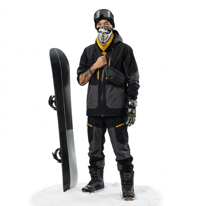 A model wearing a black and white graphic bandana neck gaiter with a yellow accent stripe, styled over a black t-shirt against a solid white background.