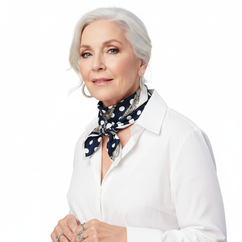 White-haired elegant senior model wearing a white shirt and a blue and white polka dot bandana with Art Deco jewel chain print, against a white background.