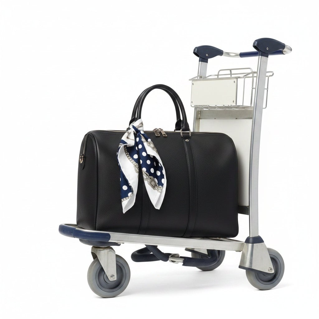 A black Boston bag on an airport trolley with a polka dot accent scarf draped over the bag handle, against a white background.