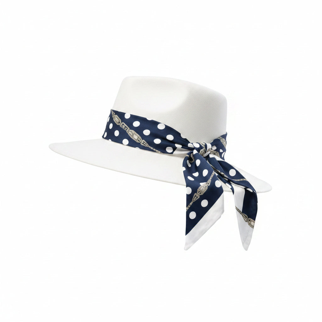 Side view of a white structured sun hat with a blue and white polka-dot scarf featuring an Art Deco jewel design, wrapped around the brim and tied in a bow.