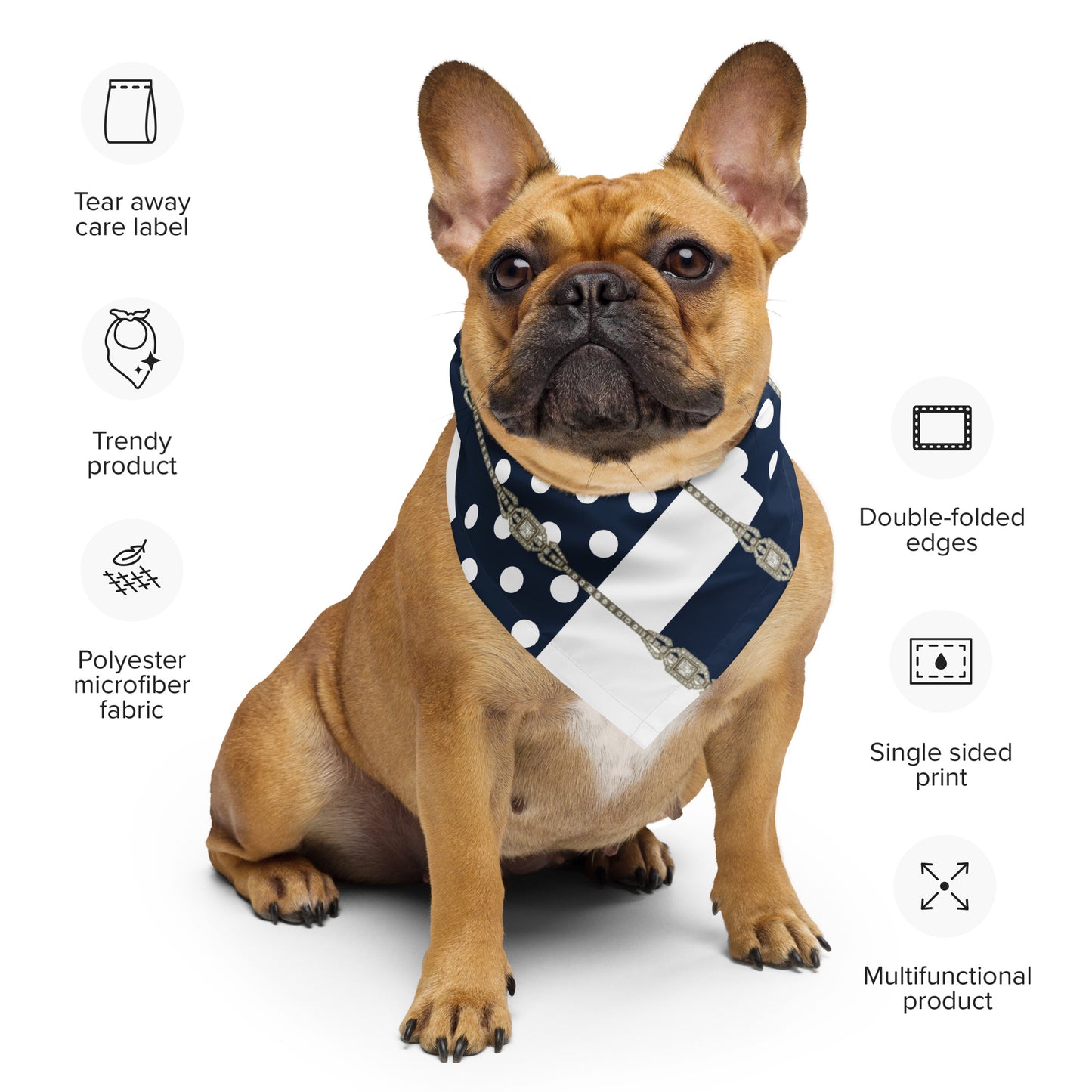 Dog wearing a blue and white polka dot bandana with Art Deco jewel chain print, with product details displayed on a white background.