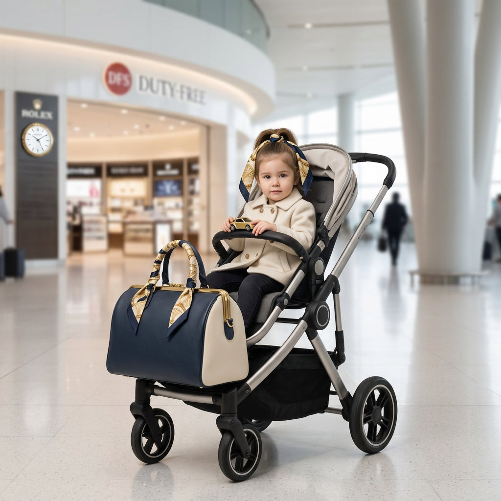 A navy bandana featuring black-framed spectacles and a vintage bottle print with gold and pearl spectacle details, tied to a navy handbag as a twilly, alongside a little girl in a pram wearing a matching scarf ribbon around her ponytail.