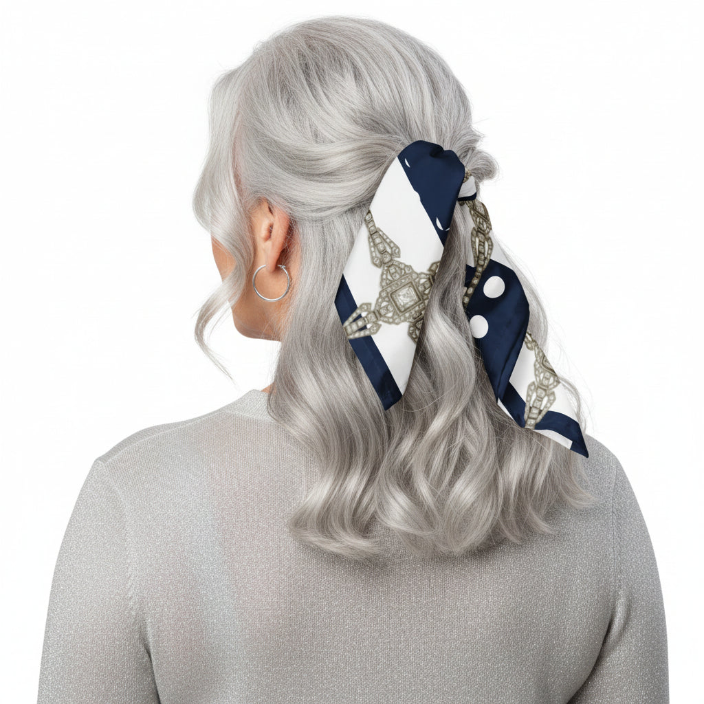 Person with silver semi-long hair, photographed from behind, wearing a navy blue scarf with white polka dots tied as a half-up hair wrap.