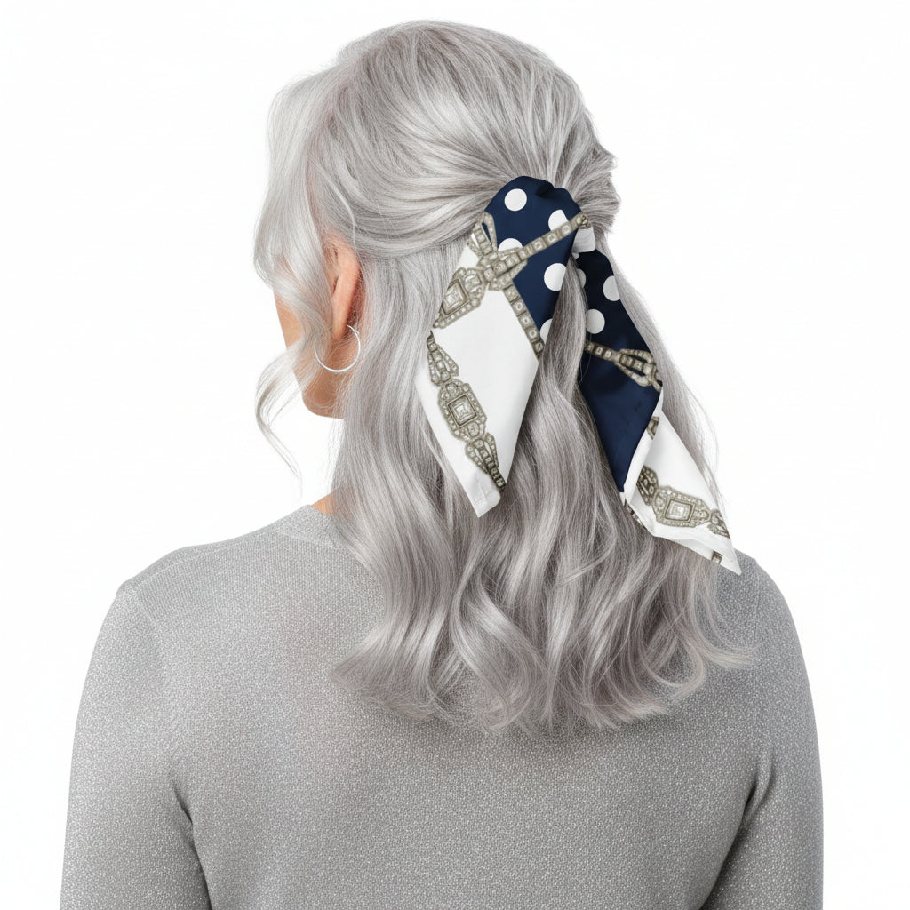 Person with silver semi-long hair, photographed from behind, wearing a navy blue scarf with white polka dots and Art Deco jewel motifs tied as a half-up hair wrap.