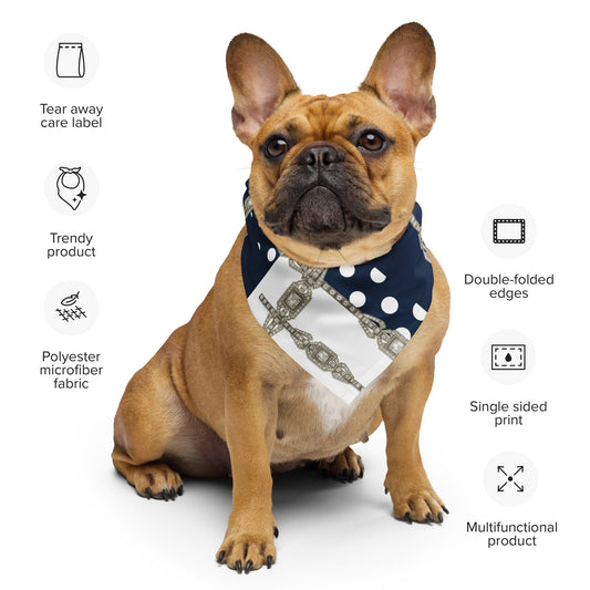 Navy bandana with white polka dots and gold chain lattice print, worn on dog
