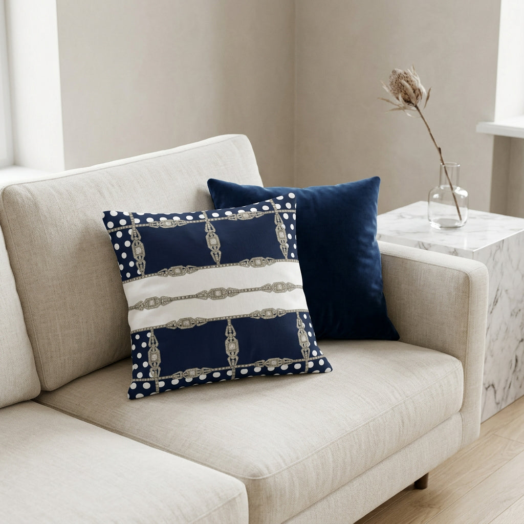 Decorative pillow with polka dot and patterned design on a white contemporary sofa.