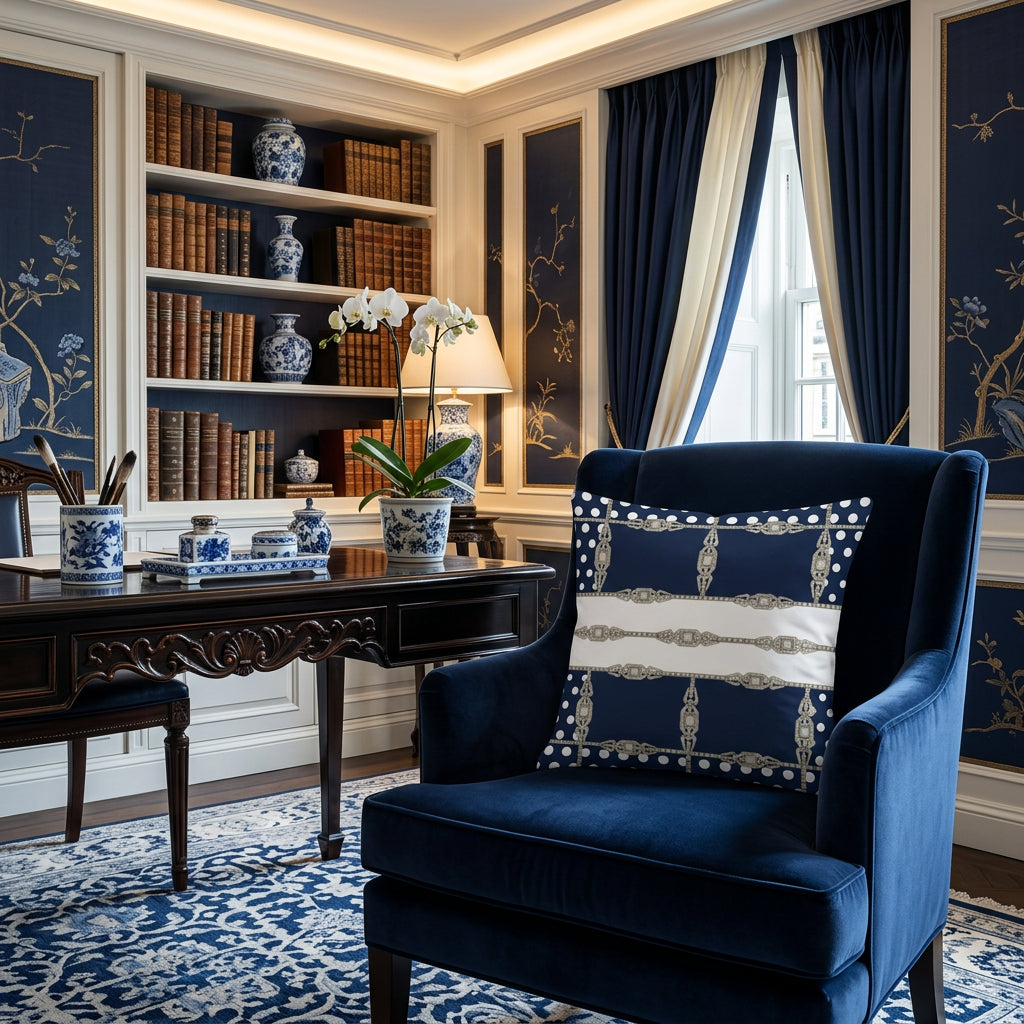 Navy base Art Deco inspired Decorative pillow with white polka dot and patterned design on a decorated blue study room. 