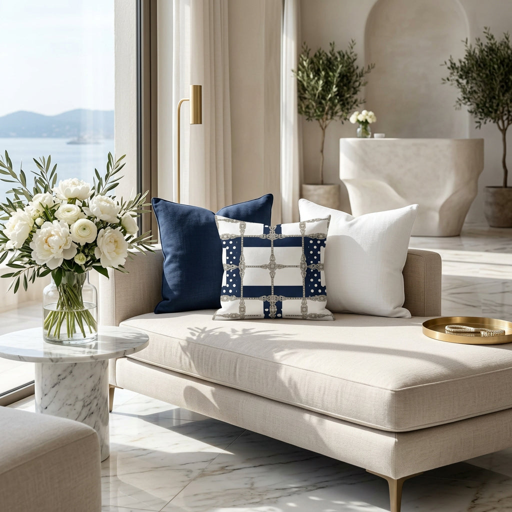A square throw pillow featuring a classic French Riviera-inspired pattern with navy blue stripes, polka-dot sections, and ornate silver chain motifs on a white background.