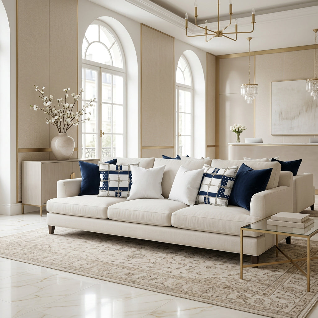 A cream-colored three-seater sofa in a bright, modern living room with arched windows, patterned navy and white throw pillows, and a beige rug.