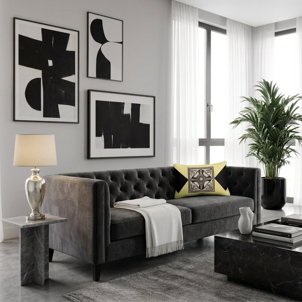 A rectangular throw pillow with a black and white geometric central design and black corner triangles on a pale yellow background, resting on a textured blue and beige throw blanket on a beige sofa next to a green houseplant.