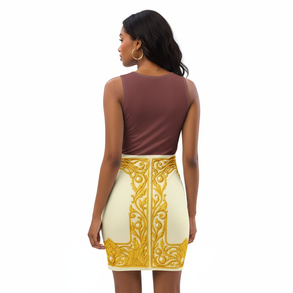 Back view of a woman wearing an auburn colourblock bodycon dress featuring Baroque ornamental filigree gold frame print on a white background.
