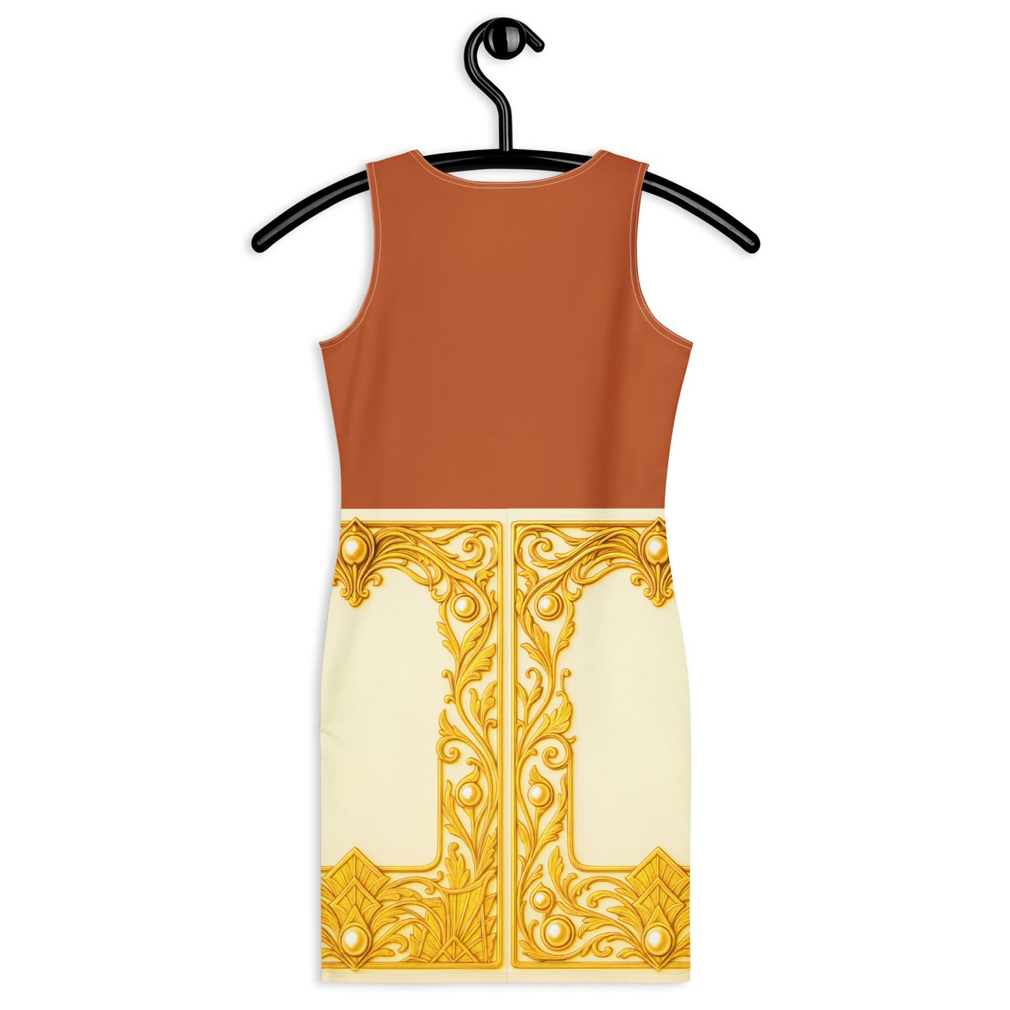 Tenne and beige colourblock bodycon dress with gold decorative elements on a hanger against a white background