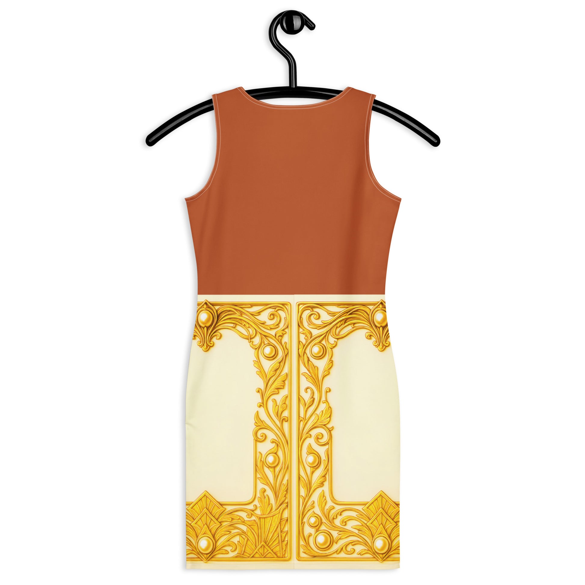 Tenne and beige colourblock bodycon dress with gold decorative elements on a hanger against a white background