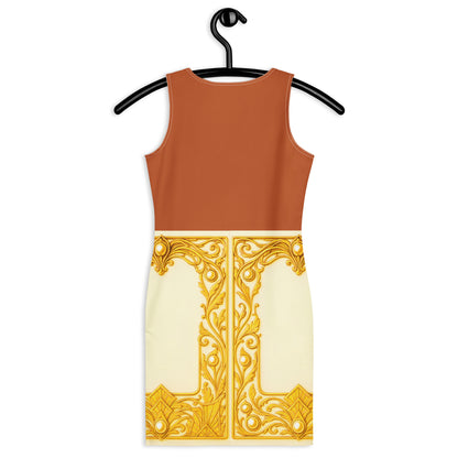 Tenne and beige colourblock bodycon dress with gold decorative elements on a hanger against a white background