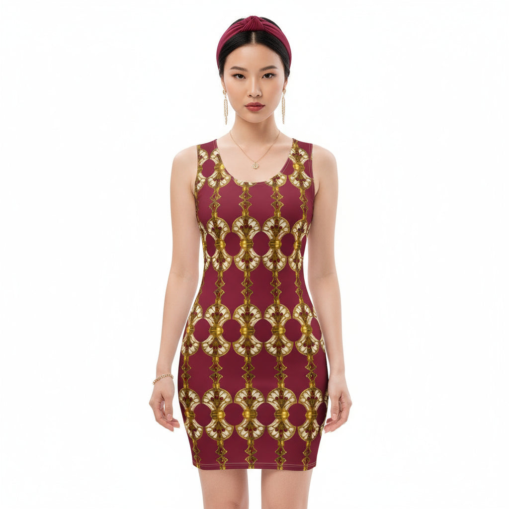 Front view of an Asian model wearing red burgundy bodycon dress featuring Art Deco antique gold perfume bottle patterns with ruby embellishments.