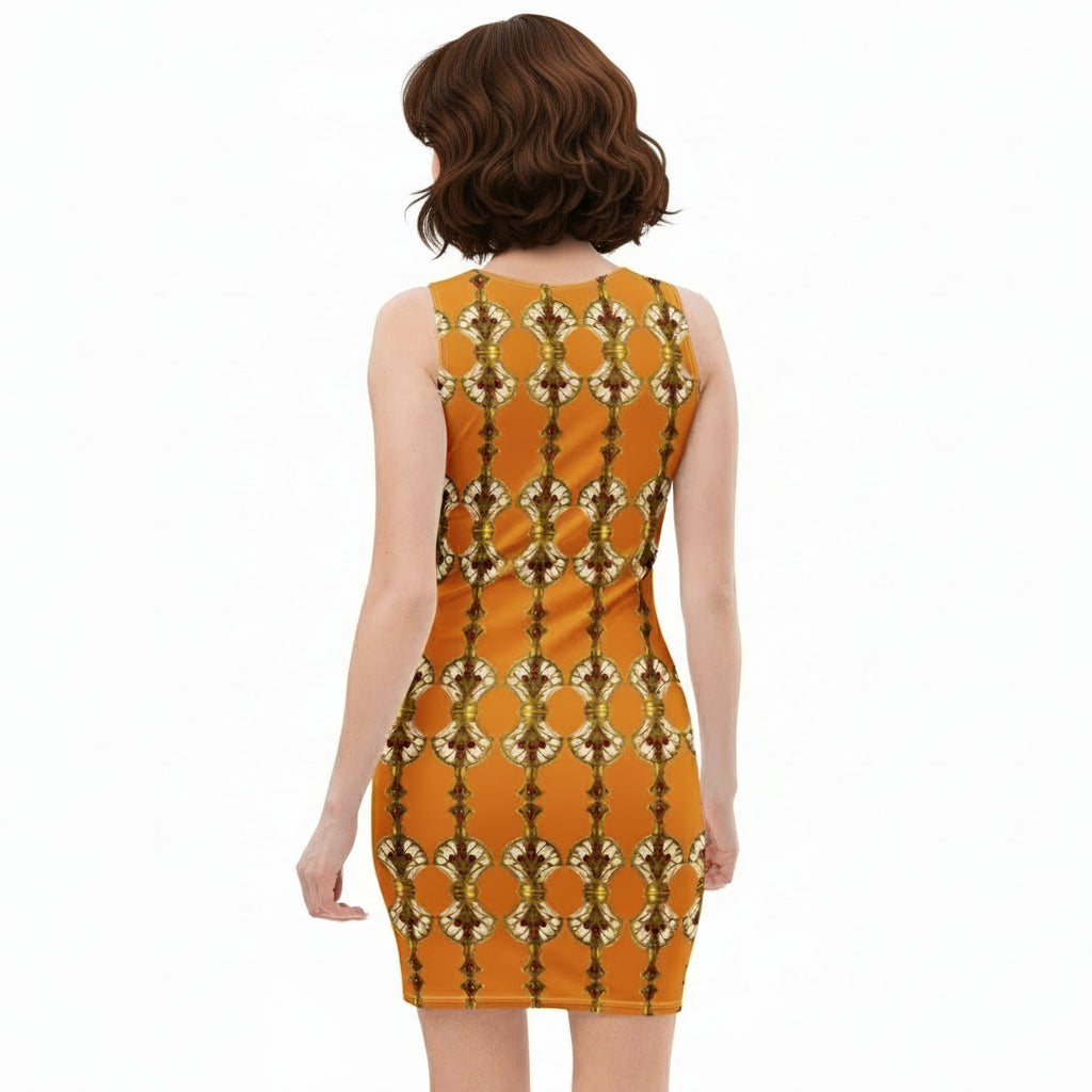 Back view of a girl wearing an orange bodycon dress featuring Art Deco antique gold perfume bottle patterns with ruby embellishments.