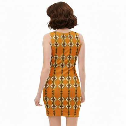 Back view of a girl wearing an orange bodycon dress featuring Art Deco antique gold perfume bottle patterns with ruby embellishments.