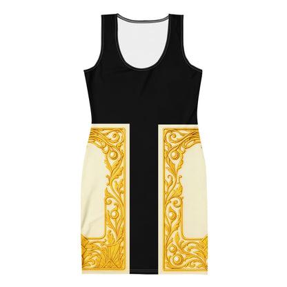 Front flat view of a black colourblock bodycon dress featuring Baroque ornamental filigree gold frame print on a white background.