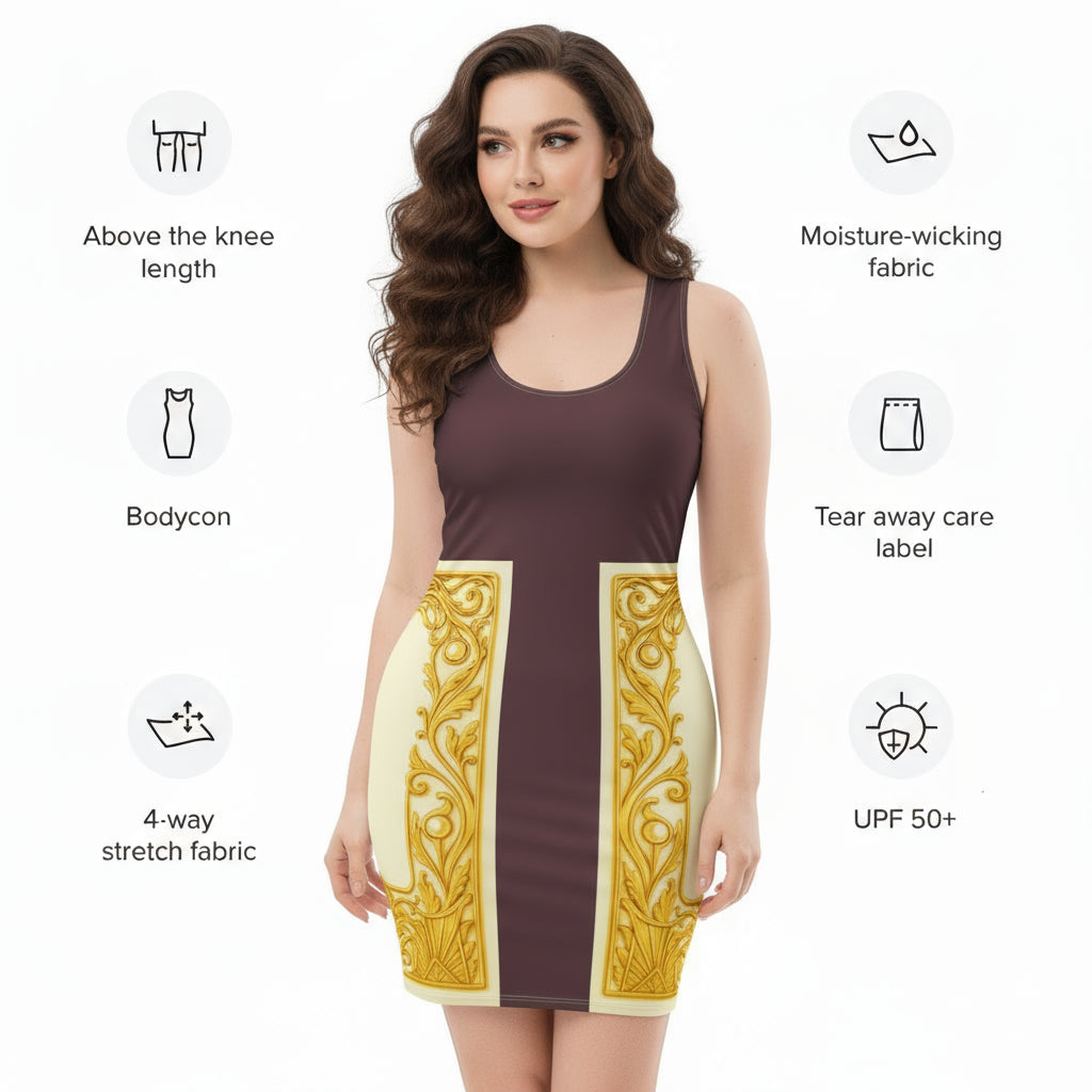 Front view of an brunette woman wearing a brown colourblock bodycon dress featuring Baroque ornamental filigree gold frame print on a white background.