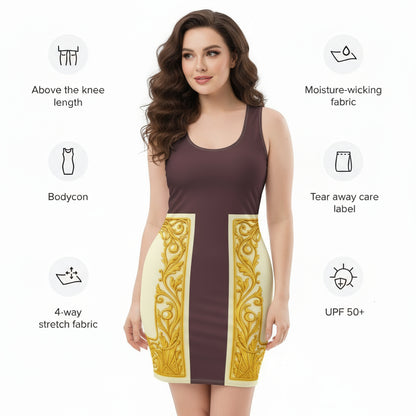 Front view of an brunette woman wearing a brown colourblock bodycon dress featuring Baroque ornamental filigree gold frame print on a white background.