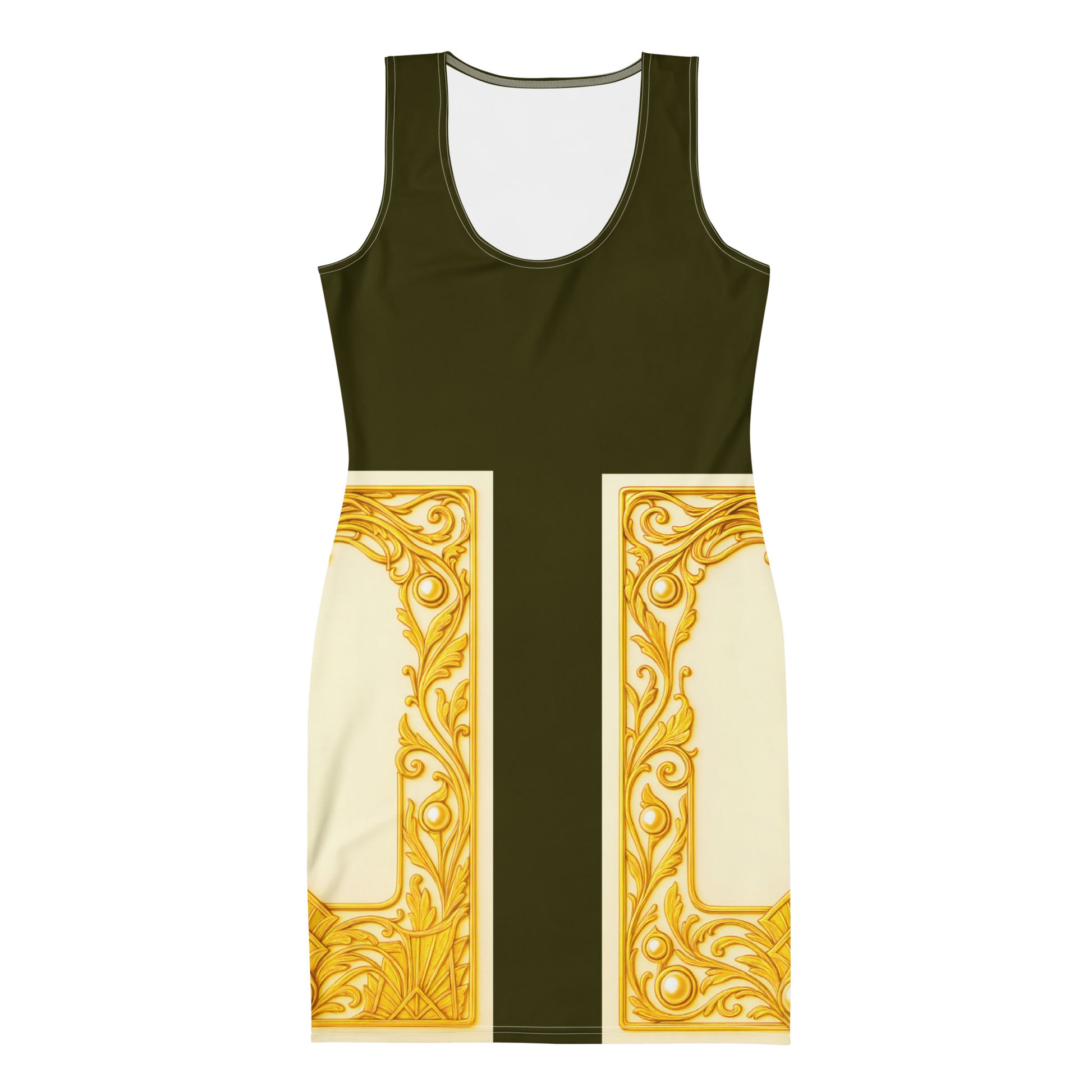Flat front view of a Vine green colourblock bodycon dress featuring Baroque ornamental filigree gold frame print on a white background.