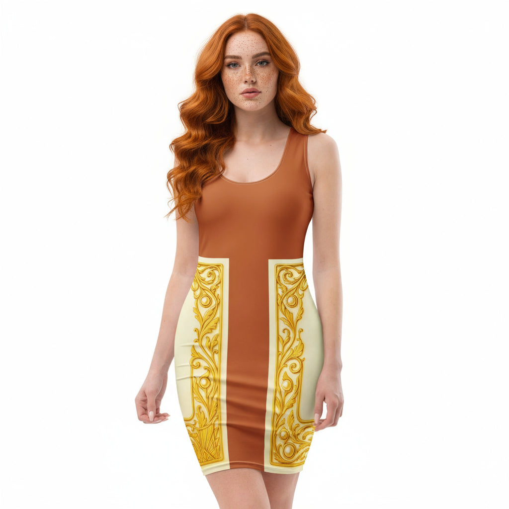 Front view of an orange-haired woman wearing a tenne colourblock bodycon dress featuring Baroque ornamental filigree gold frame print on a white background.