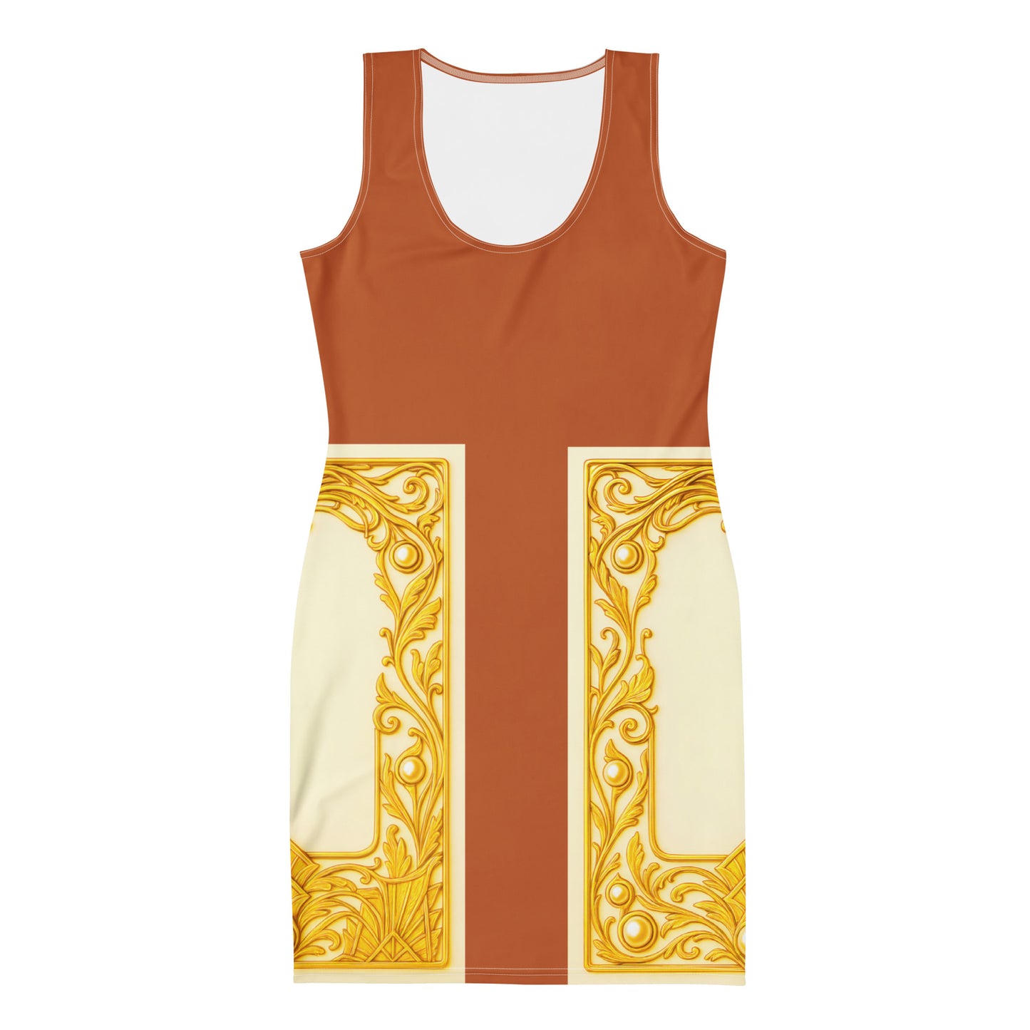 Flat front view of a Tenne colourblock bodycon dress featuring Baroque ornamental filigree gold frame print on a white background.